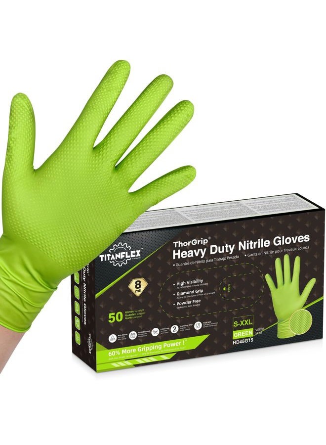 TitanFlex Thor Grip Heavy Duty Green Industrial Nitrile Gloves, 8-mil, XL, Box of 50, Latex Free, Raised Diamond Texture Grip, Powder Free, Food Safe, Rubber Gloves, Mechanic Gloves - Image 1