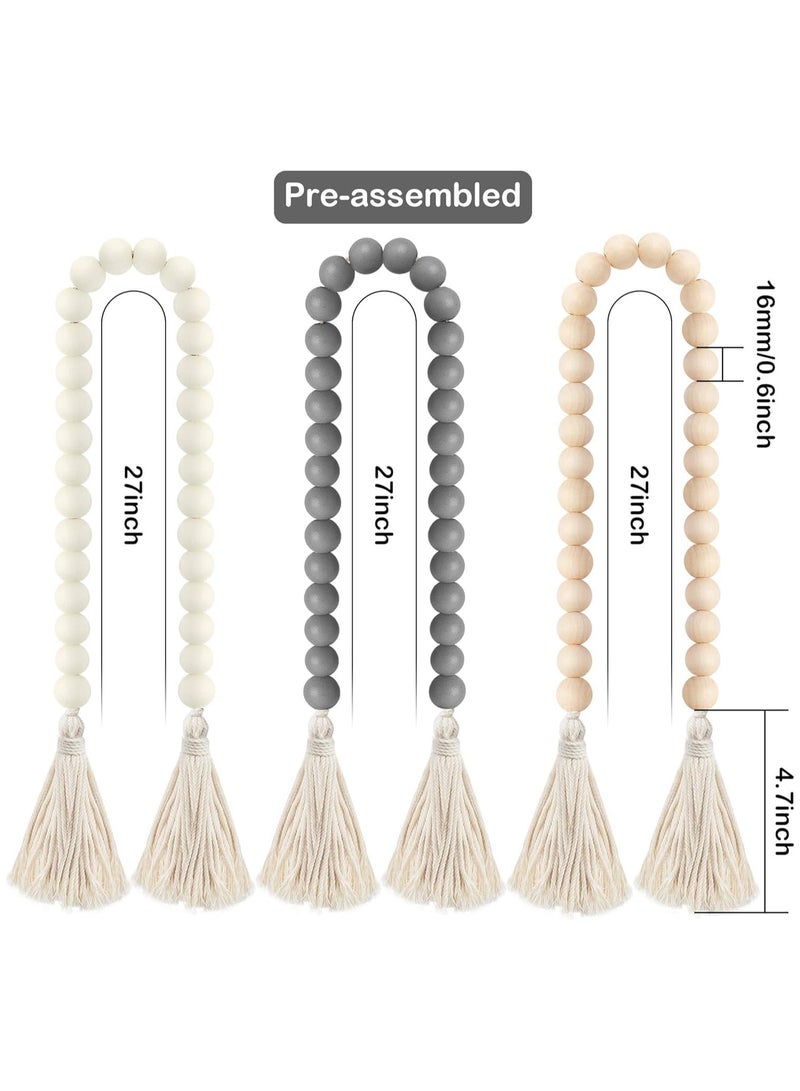 Excefore 3 Pcs Classic Wood Beads Tassel, 27 Inch Wood Bead Farmhouse Rustic Beads with Jute Rope Plaid Tassel Natural Wood Beads for Morden Farmhouse Boho Decor, Big Wall Hanging Decor - Image 5