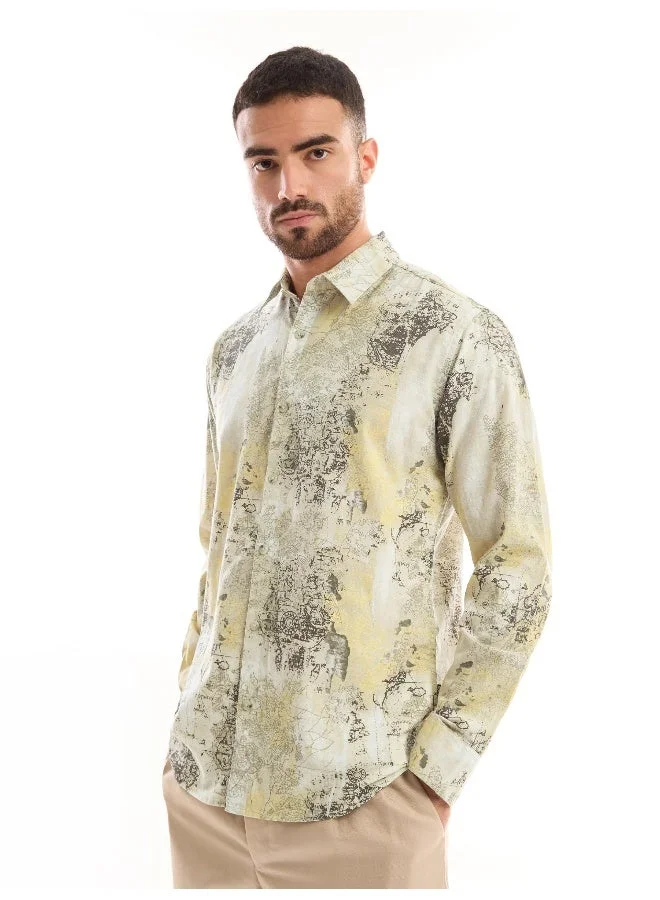 Beyoung White and Yellow Printed Cotton Shirt for Men