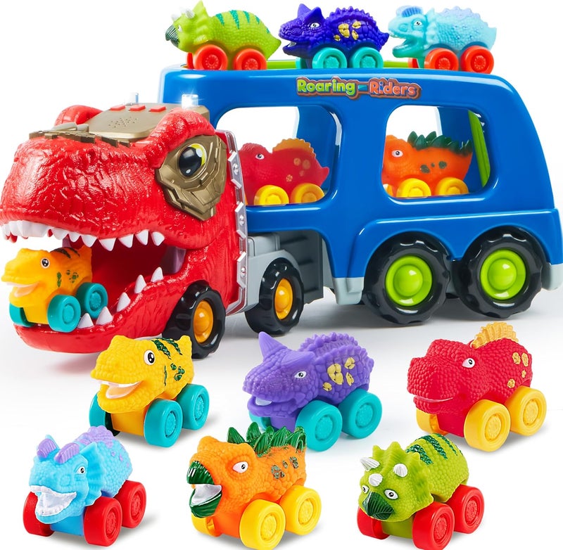 JOYIN Dinosaur Truck Toys for Ages 2-4, Kids Toys Boys Girls Age 2 3 4 5, Dinosaur Carrier Truck Toy with 6 Dinosaur Figures Rubber Car Vehicles, Toddler Birthday Gifts with Music & Lights - Image 1