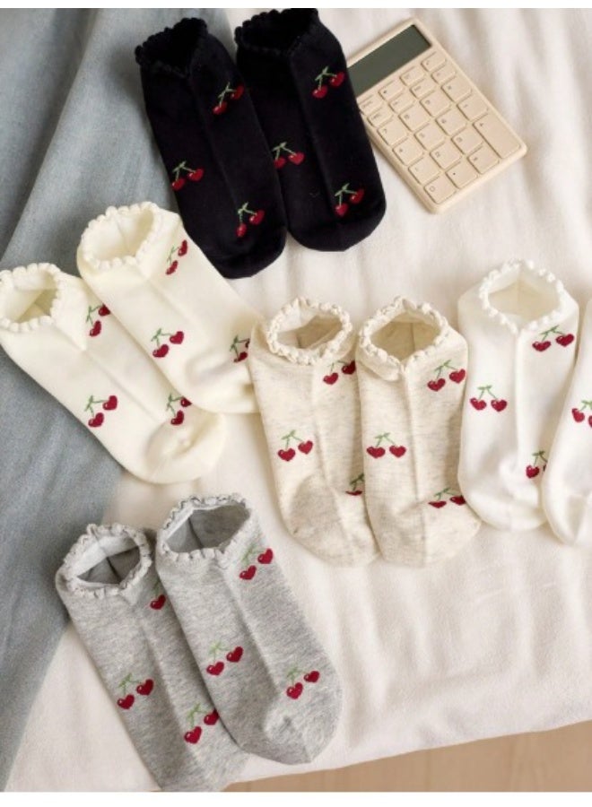 5 أزواج جوارب كاحل نسائية – تصميم كريو مزين بزهور الكرز، مناسب لجميع المواسم، ألوان عشوائية - Image 1