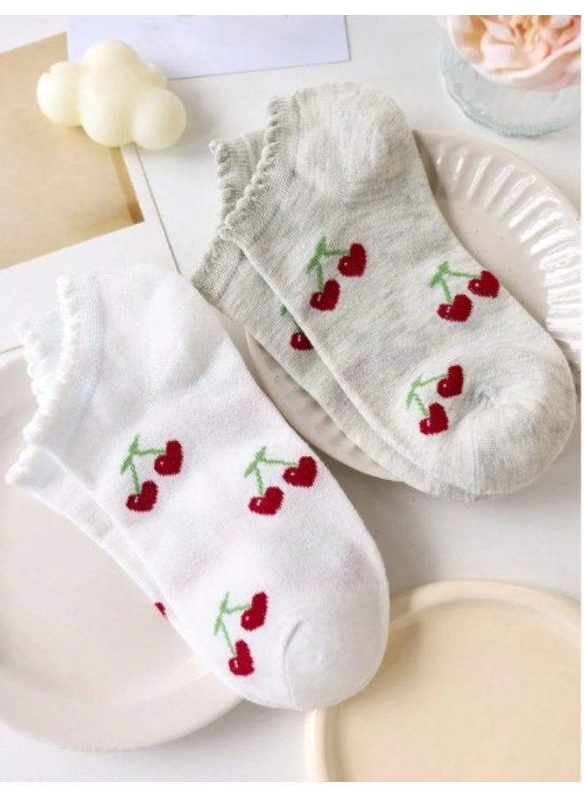 5 أزواج جوارب كاحل نسائية – تصميم كريو مزين بزهور الكرز، مناسب لجميع المواسم، ألوان عشوائية - Image 3