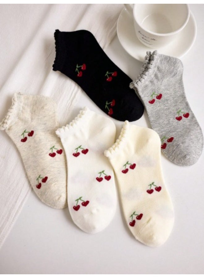 5 أزواج جوارب كاحل نسائية – تصميم كريو مزين بزهور الكرز، مناسب لجميع المواسم، ألوان عشوائية - Image 5