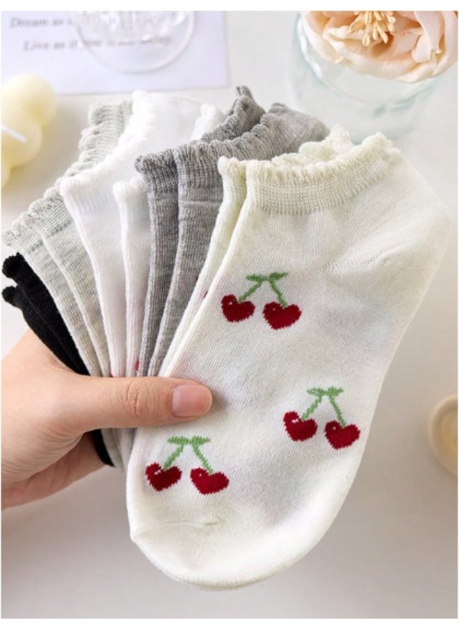 5 أزواج جوارب كاحل نسائية – تصميم كريو مزين بزهور الكرز، مناسب لجميع المواسم، ألوان عشوائية - Image 4