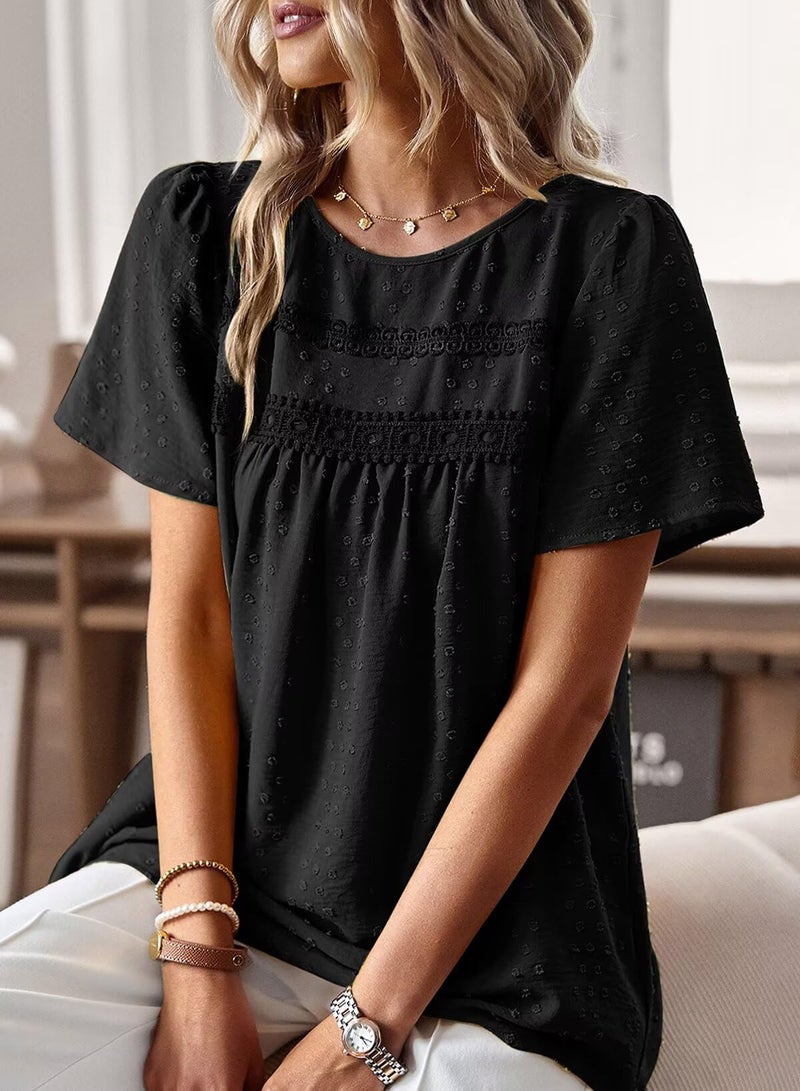 Falechay Womens Summer Blouses Crew Neck Lace Hem Basic Tee Shirts Flowy Chiffon Blouses Clothing for Women Black L - Image 2