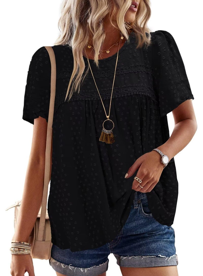 Falechay Womens Summer Blouses Crew Neck Lace Hem Basic Tee Shirts Flowy Chiffon Blouses Clothing for Women Black L - Image 1