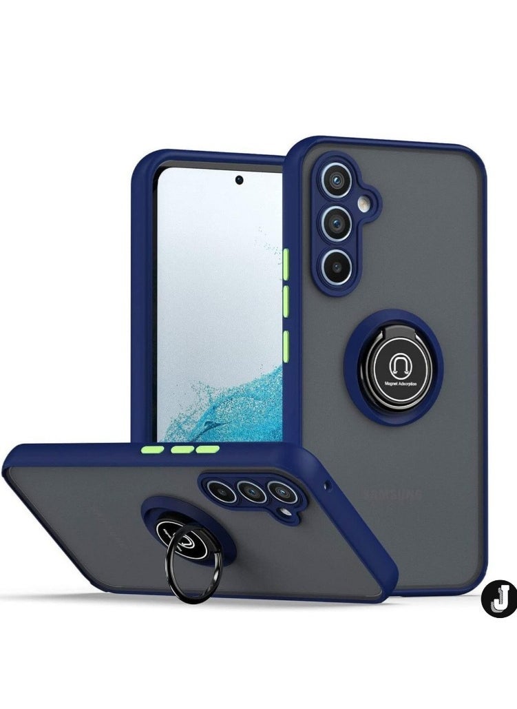 JAJEEK "Shockproof Galaxy A34 5G Case with Metal Ring Kickstand – Magnetic Car Mount Holder, Matte Hard Back Cover (Blue/Grey)" - Image 1
