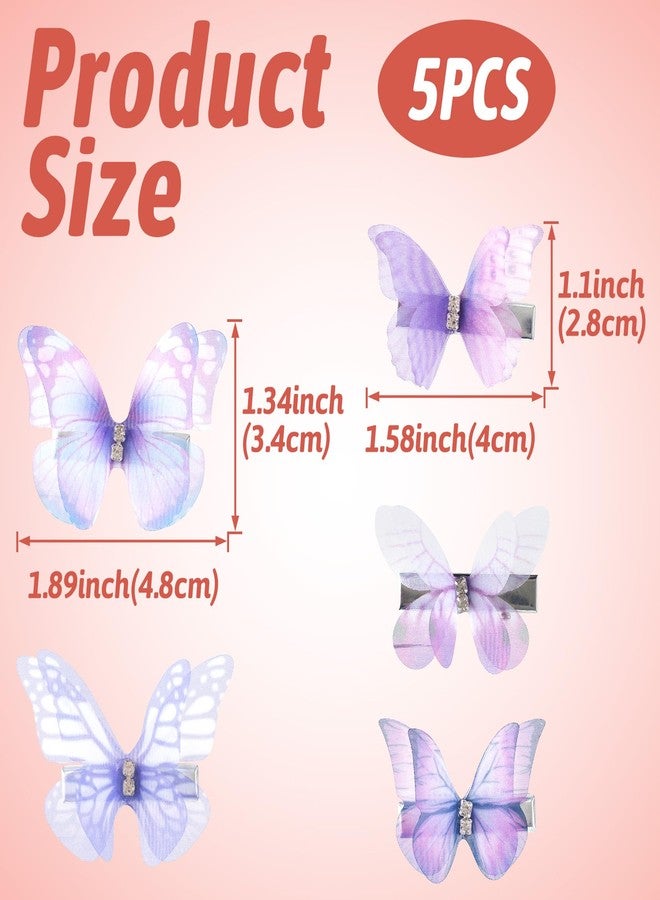 Lekgavd 5PCS Cute Butterfly Hair Clips, Gradient Purple Rhinestone Organza Barrettes, Glitter Hair Accessories for Women for Christmas, Parties, Daily Use - Image 2