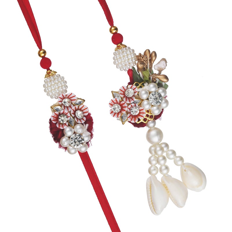 iinfinize Cultural Rakhi Lumba Combo For Bhaiya Bhabhi | Artful Beadwork Pearl Kundan Bracelet For Men Women | Kaudi Design Rakhis Set for Brother and Sister In Law With Roli Chawal - Image 1