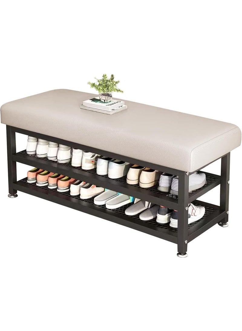 لينجوي مقعد أحذية مع مقعد مبطن ورف أحذية ثلاثي الطبقات ومنظم تخزين بإطار معدني قوي - Image 1
