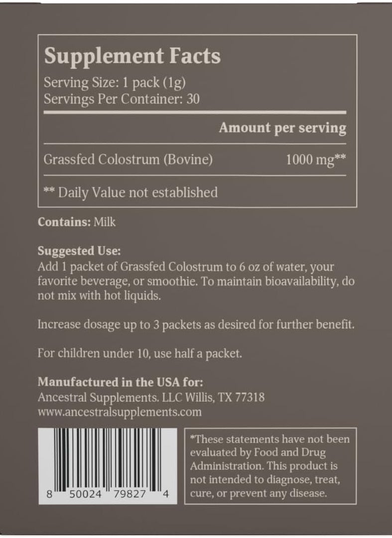 Ancestral Supplements Ancestral Supplements Grass Fed Beef Bovine Colostrum Powder Packets, Immune Support Supplement, Gut, Skin & Hair Health Support Supplements, Promotes Growth and Repair, Non GMO, 30 Sticks, Unflavored  - Image 2