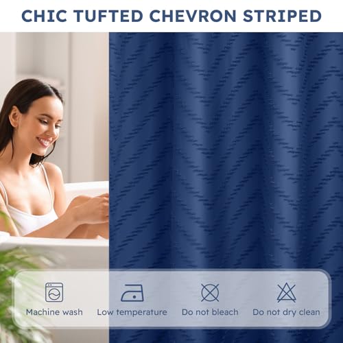 FADOTY No Hook Shower Curtain and Snap in Liner Set Navy Blue Tufted Chevron Striped Cloth Waterproof Washable Fabric Boho Bath Curtain with See Through Mesh Top Window for Bathroom Hotel 71" x 74" - Image 4