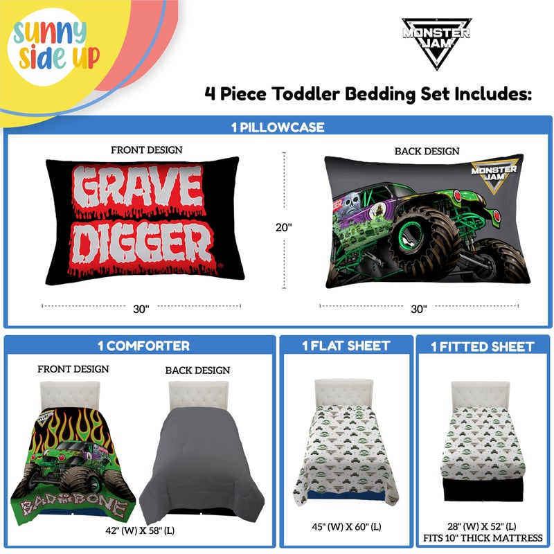 Sunny Side Up Monster Jam Toddler Comforter Set - 4 Piece Preschool Bedding Includes Comforter, Sheets & Pillow Cover - Super Soft Trucks Microfiber Bed Set - Image 3