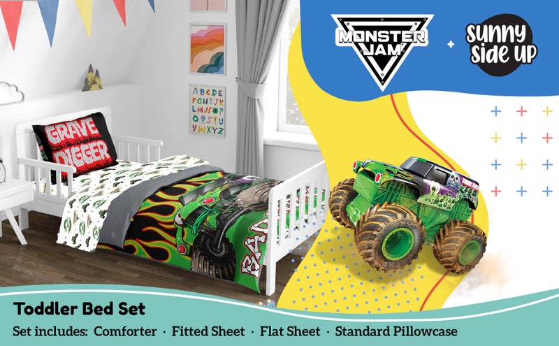 Sunny Side Up Monster Jam Toddler Comforter Set - 4 Piece Preschool Bedding Includes Comforter, Sheets & Pillow Cover - Super Soft Trucks Microfiber Bed Set - Image 2