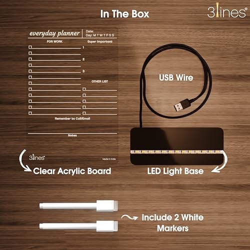3 Lines Glowrite Illuminate Your Ideas! Acrylic LED Writing Board with USB Stand/Base | Ideal for Home & Office | Unique Gift | Made in India | with 2 Markers | Everyday Planner | Regular - Image 4