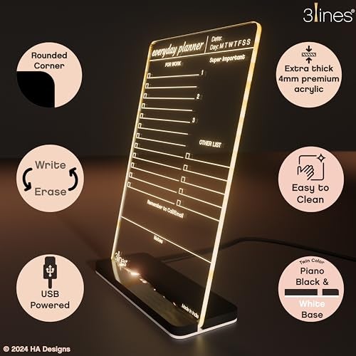 3 Lines Glowrite Illuminate Your Ideas! Acrylic LED Writing Board with USB Stand/Base | Ideal for Home & Office | Unique Gift | Made in India | with 2 Markers | Everyday Planner | Regular - Image 2