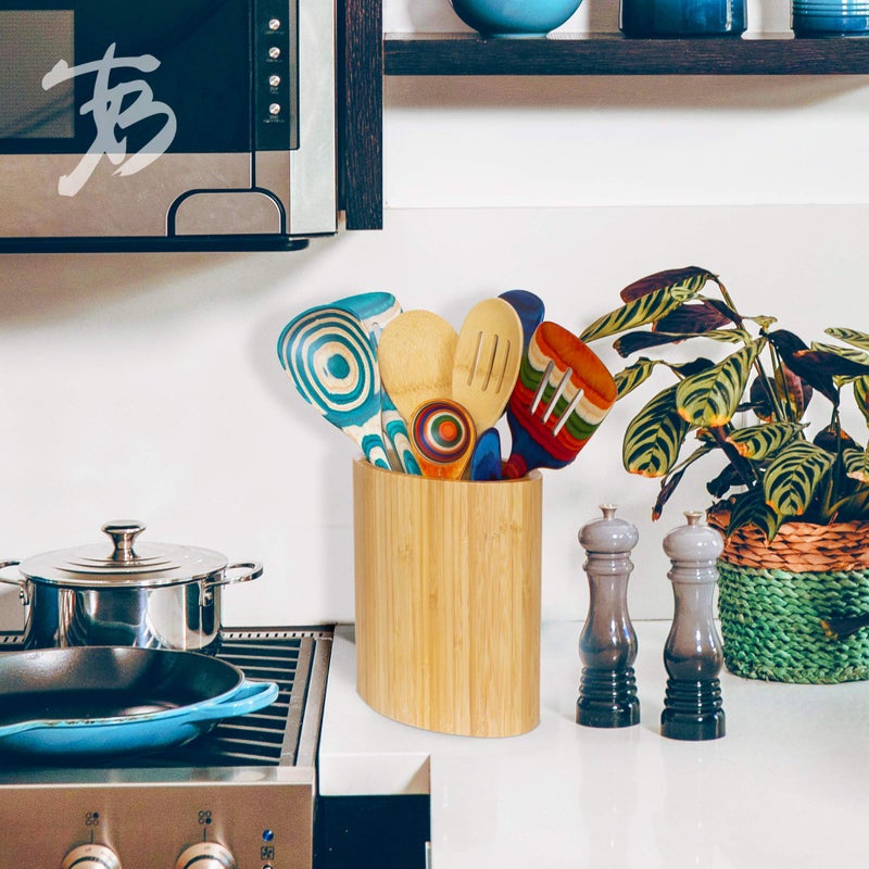 Totally Bamboo حامل أدوات المطبخ البيضاوي الشكل من الخيزران، 6" x 4" x 7" - Image 2