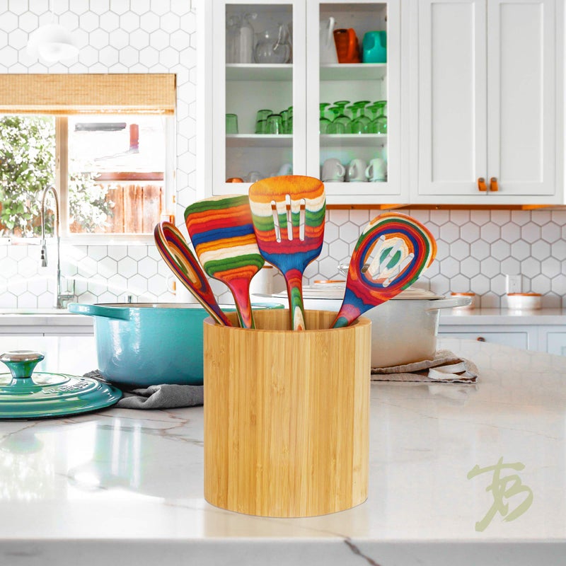 Totally Bamboo حامل أدوات المطبخ البيضاوي الشكل من الخيزران، 6" x 4" x 7" - Image 3