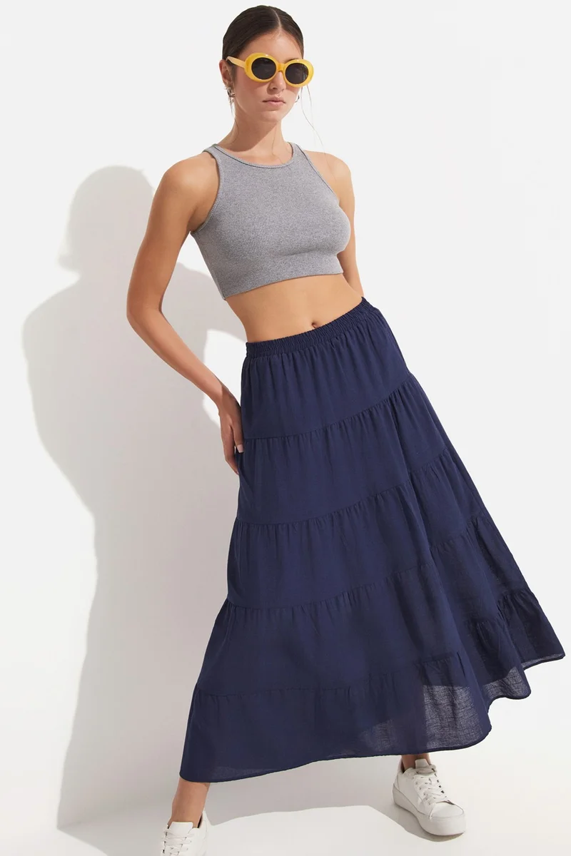 جون Women's Cotton Gathered Detail Maxi Skirt