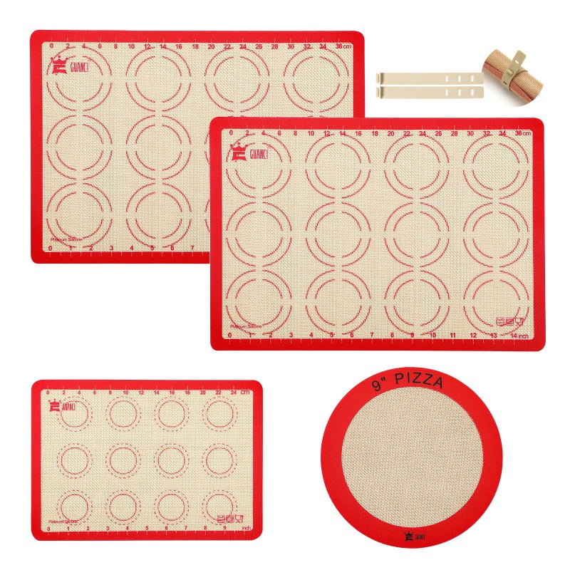 Silicone Baking Mat Set of 4 GUANCI Grade Food Baking mats NonStick Reusable Pizza Bakeware Mat for Making Macaroon Pizza Cookie Pastry Bread BunRed