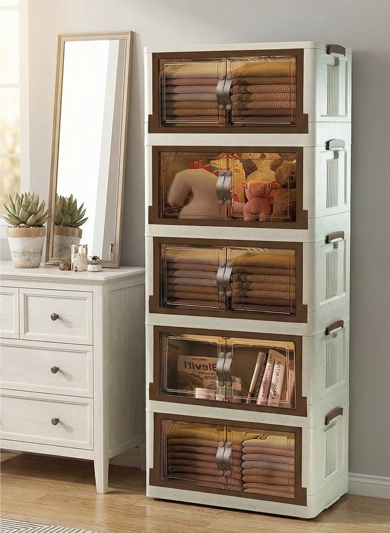 الوطنية خزانة تخزين بلاستيكية شفافة بخمسة أرفف، أدراج عرض بيضاء وبيج، وحدة تنظيم بأبواب شفافة، حل تخزين للمنزل والمكتب - Image 3