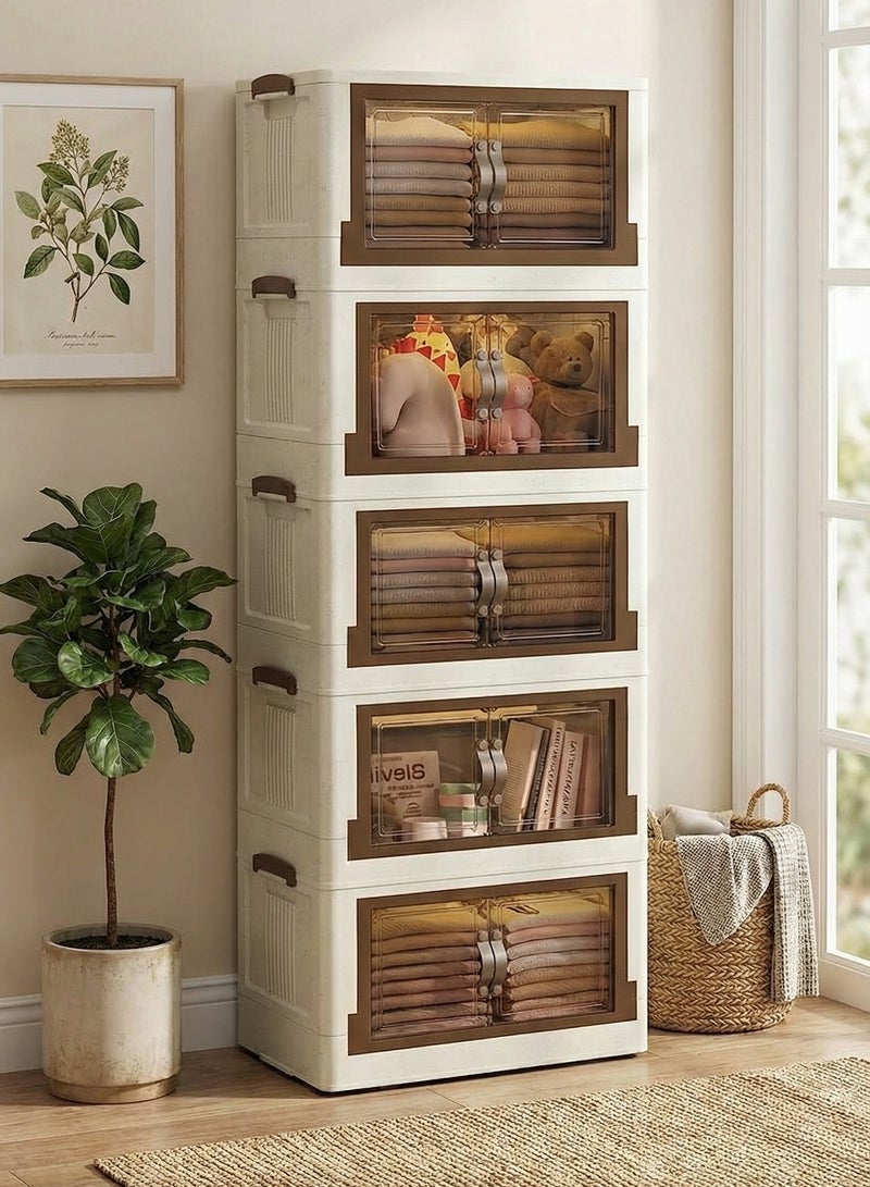 الوطنية خزانة تخزين بلاستيكية شفافة بخمسة أرفف، أدراج عرض بيضاء وبيج، وحدة تنظيم بأبواب شفافة، حل تخزين للمنزل والمكتب - Image 2