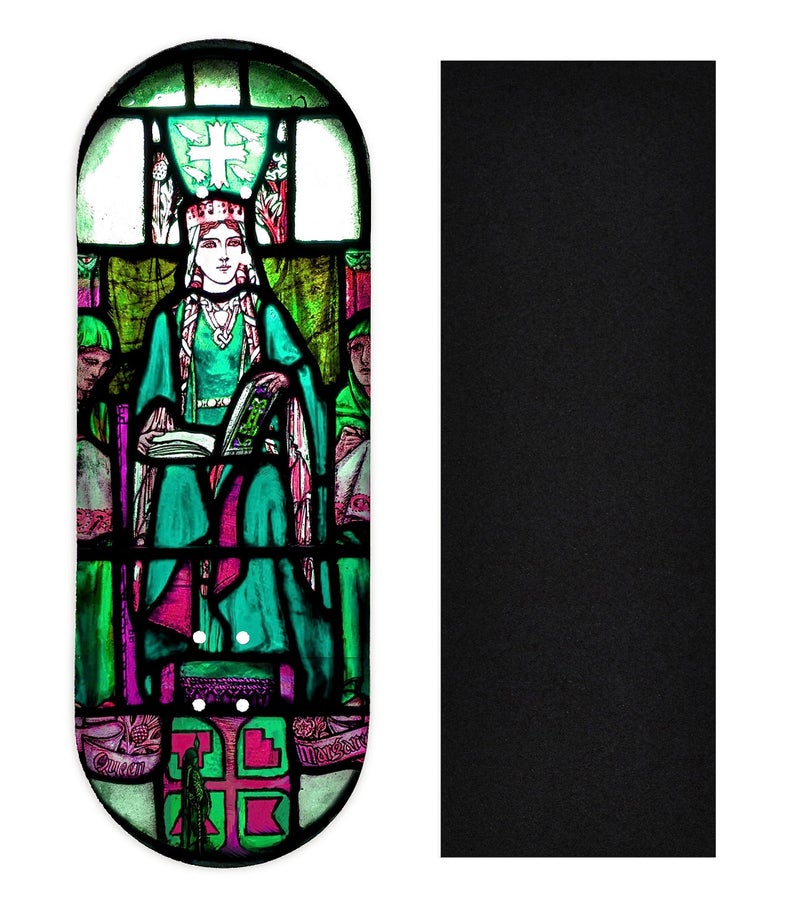 Teak Tuning Heat Transfer Graphic Wooden Fingerboard Deck, Queen Margaret Stained Glass - 34mm x 97mm Popsicle Shaped Deck