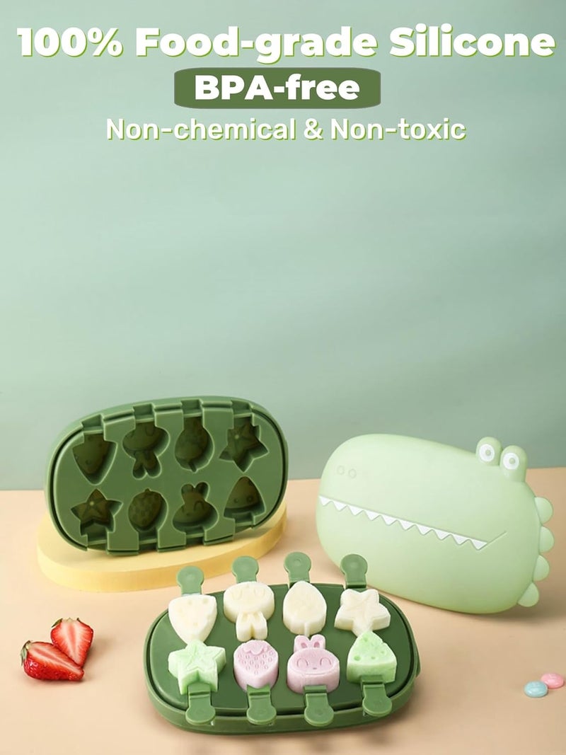 Zigihos Silicone Popsicle Molds, Dinosaur Animal Small Mini Popsicles Molds, Fun Shaped Homemade Ice Popsicle Molds Set, BPA Free (Green-crocodile(8 pieces)) - Image 2