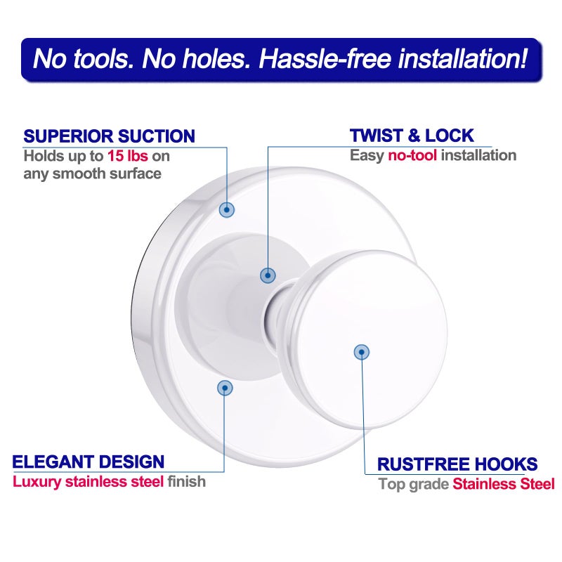 Bntuk Suction Cup Hooks for Shower, Removable Towel Hooks for Bathroom Window Glass Door Wall, Bath Robe Looafh Hook for Hanging - 2 Pack, White - Image 3