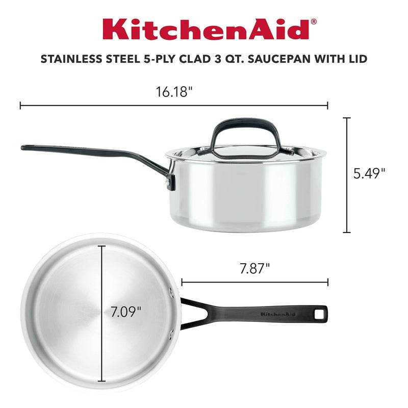 KitchenAid 30050 5-Ply Clad Polished Stainless Steel Saucepan with Lid, 3 Quart -Polished Stainless Steel - Image 2