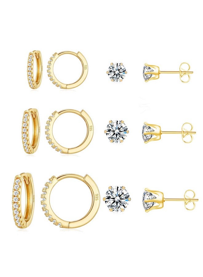 كيسا بلان طقم أقراط KesaPlan Huggie Hoop and Stud من الفضة الإسترلينية عيار 925 المطلية بالذهب عيار 14 قيراطًا، طقم أقراط ذهبية للنساء/الرجال - Image 1