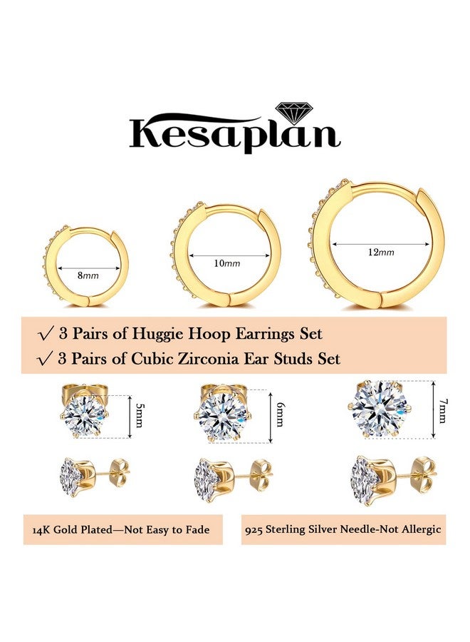 كيسا بلان طقم أقراط KesaPlan Huggie Hoop and Stud من الفضة الإسترلينية عيار 925 المطلية بالذهب عيار 14 قيراطًا، طقم أقراط ذهبية للنساء/الرجال - Image 2