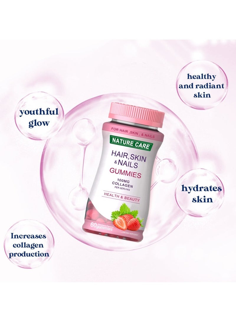Hair, Skin and Nails Gummies  Strawberry Flavored 100 mg Collagen Health and Beauty