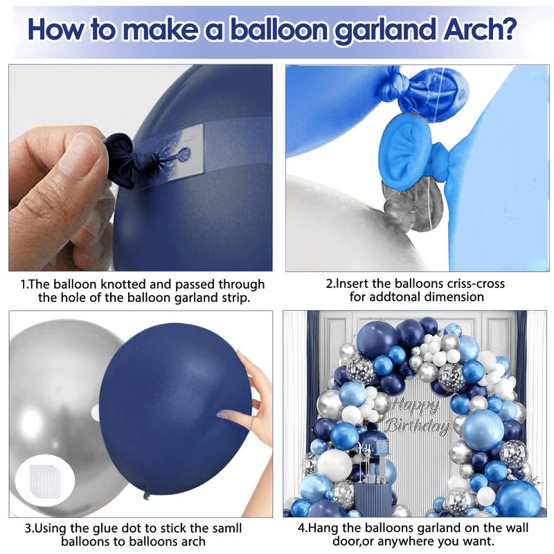 Blocesa Blue White Silver Balloons Arch Kit, Navy Blue and White Balloons with Metallic Dark Light Blue Silver Conftti Balloons Garland for Graduation Birthday Party Bridal Shower Anniversary Decoration - Image 3