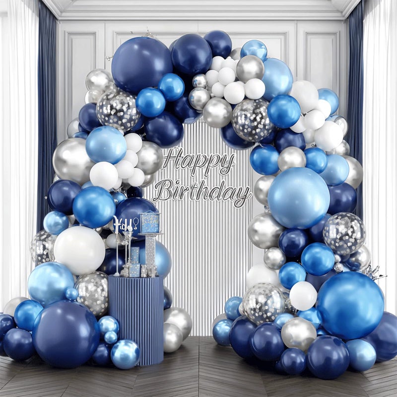 Blocesa Blue White Silver Balloons Arch Kit, Navy Blue and White Balloons with Metallic Dark Light Blue Silver Conftti Balloons Garland for Graduation Birthday Party Bridal Shower Anniversary Decoration - Image 1