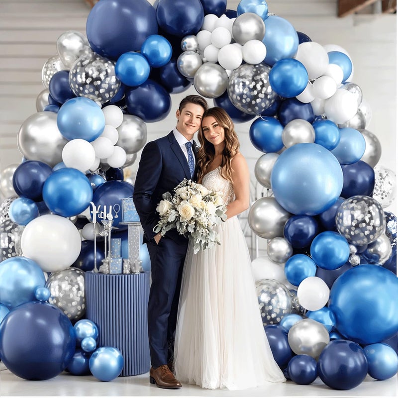 Blocesa Blue White Silver Balloons Arch Kit, Navy Blue and White Balloons with Metallic Dark Light Blue Silver Conftti Balloons Garland for Graduation Birthday Party Bridal Shower Anniversary Decoration - Image 4