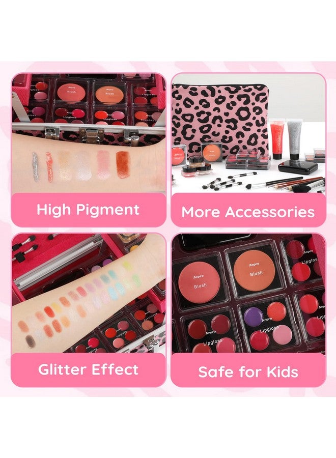 All-In-One Leopord Double Folding Makeup Carry Case With Pro Teen Makeup Set, Full Starter Kit With Makeup Brushes, Lipsticks, Eyeshadow Palette, Blushes, Glitter Gel, Ideal Present For Girls