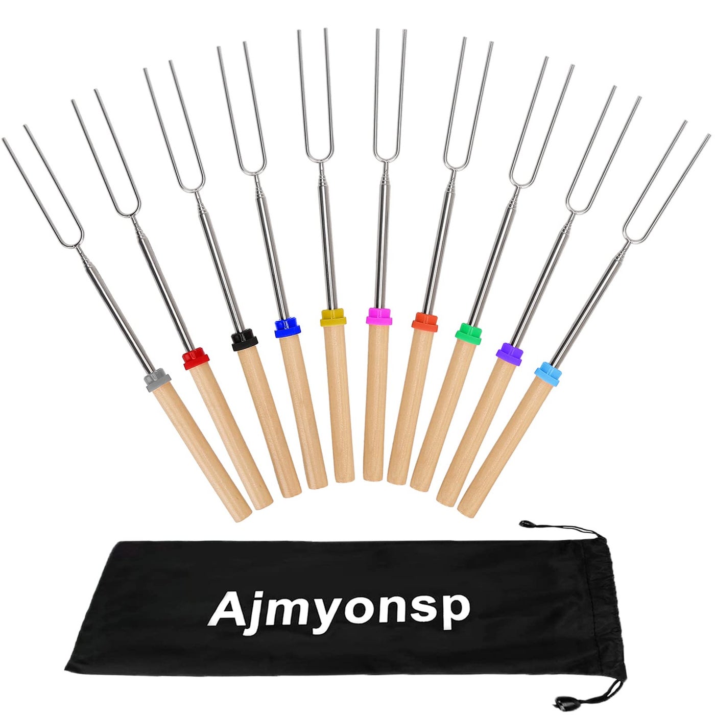 Ajmyonsp 10Pcs Marshmallow Roasting Sticks Smores Skewers for Fire Pit Extendable Hot Dog Sticks for Campfire 32Inch Extra Long Telescoping Forks with Wooden Handle Thanksgiving Christmas Gifts