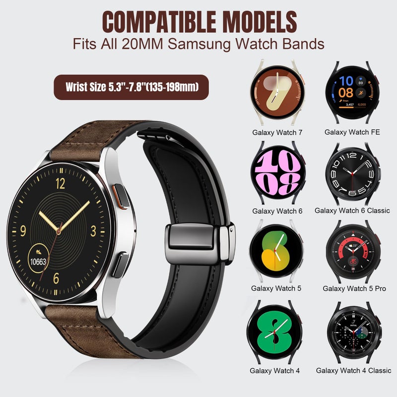 Charlam Magnetic Leather Bands Compatible with Samsung Galaxy Watch 7 Band 6 5 4 FE Active 2 40mm 44mm/Watch 6/4 Classic/Watch 5 Pro/3, 20mm Genuine Leather Straps for Samsung Watch Bands Men Women - Image 5