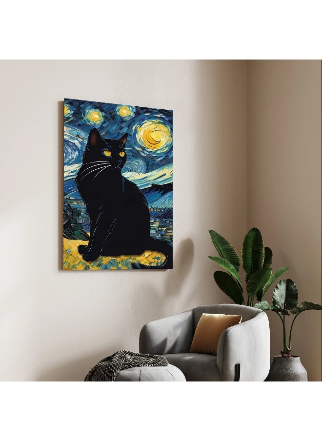 Walliv Van Gogh'S Starry Night Kitty Artwork /Midnight Meow Canvas Wall Painting 100x150 cm.  - Image 3