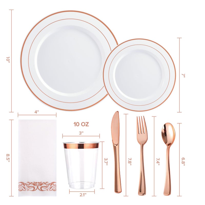 FOCUSLINE 175 Count Rose Gold Dinnerware Set for 25 Guests - Rose Gold Rimmed White Disposable Plastic Plates Heavy Duty  Includes 25 Dinner & Salad Plates  Cups  Cutlery Set for Wedding Parties - Image 2