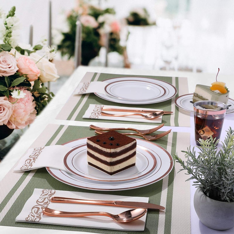 FOCUSLINE 175 Count Rose Gold Dinnerware Set for 25 Guests - Rose Gold Rimmed White Disposable Plastic Plates Heavy Duty  Includes 25 Dinner & Salad Plates  Cups  Cutlery Set for Wedding Parties - Image 5