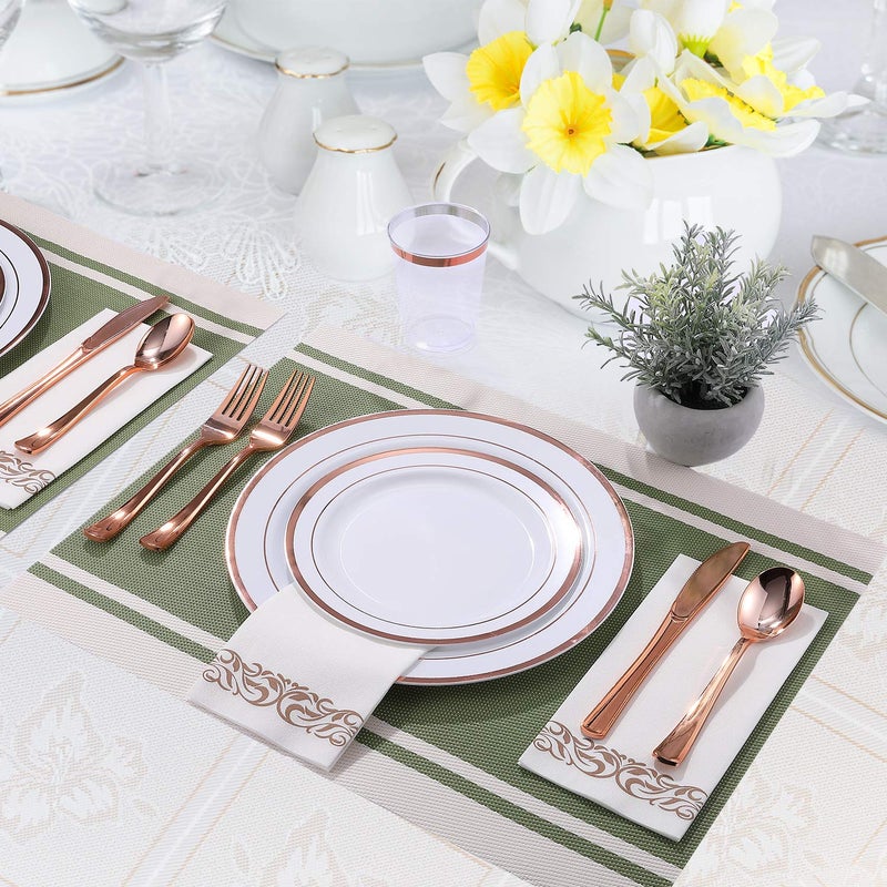 FOCUSLINE 175 Count Rose Gold Dinnerware Set for 25 Guests - Rose Gold Rimmed White Disposable Plastic Plates Heavy Duty  Includes 25 Dinner & Salad Plates  Cups  Cutlery Set for Wedding Parties - Image 4