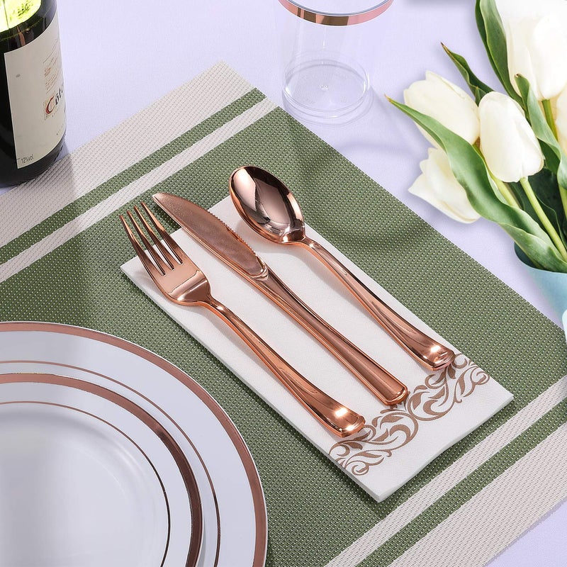 FOCUSLINE 175 Count Rose Gold Dinnerware Set for 25 Guests - Rose Gold Rimmed White Disposable Plastic Plates Heavy Duty  Includes 25 Dinner & Salad Plates  Cups  Cutlery Set for Wedding Parties - Image 3