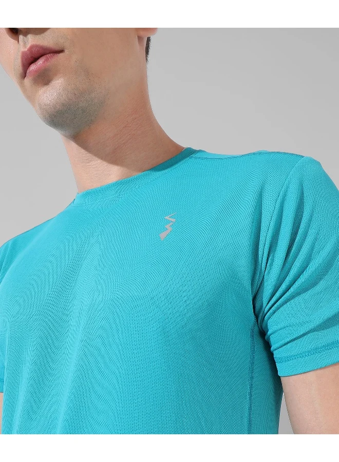 Campus Sutra Men's Aqua Blue Solid Activewear T-Shirt