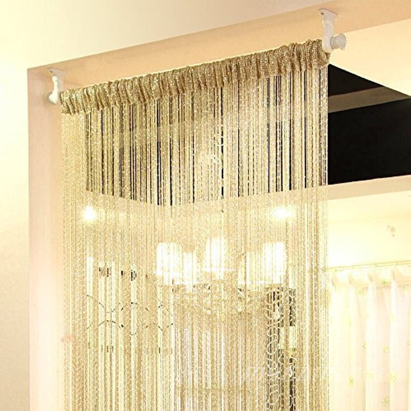 Eyotool 1x2 M Door String Curtain Rare Flat Silver Ribbon Thread Fringe Window Panel Room Divider Cute Strip Tassel for Wedding Coffee House Restaurant Parts Gold