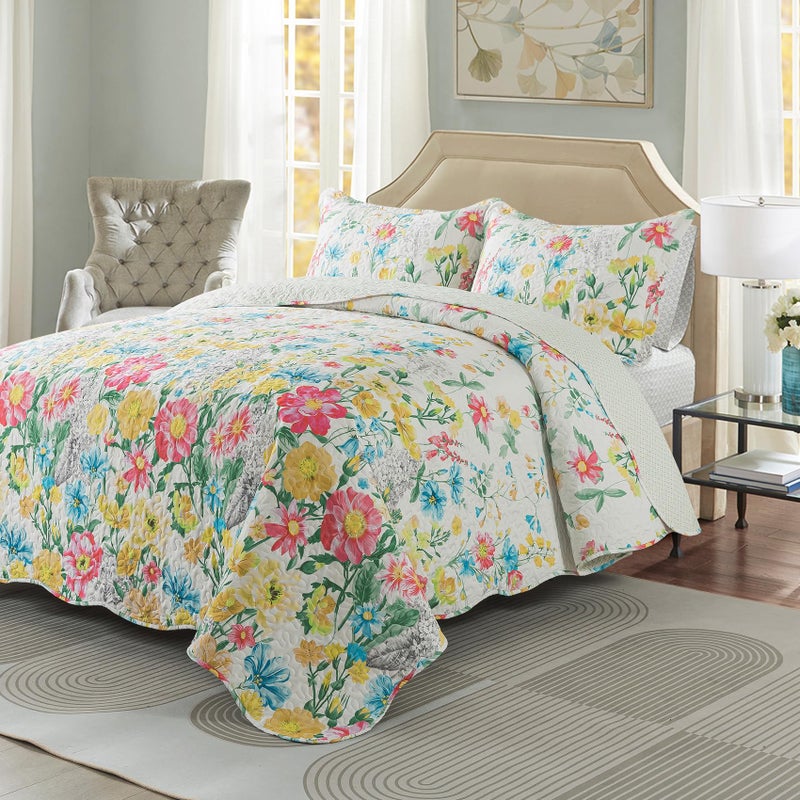 Travan Floral Quilt Queen Quilt Set, Ultra Soft Reversible Microfiber Queen Quilt Bedding Set with 1 Quilt Set and 2 Shams Yellow Flower Coverlet Set for All Season, Coreopsis-Yellow, King - Image 2