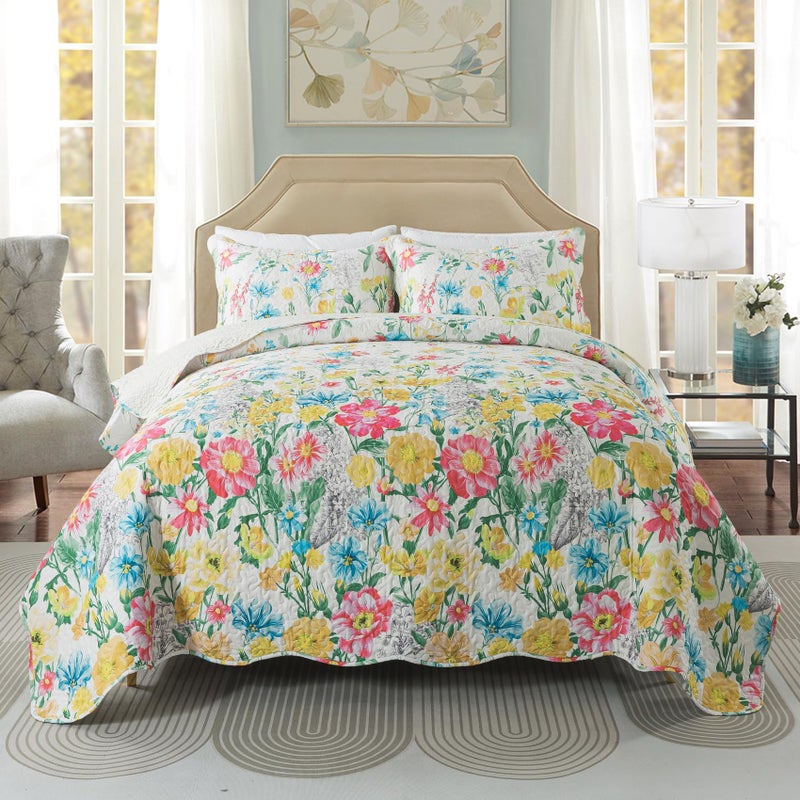 Travan Floral Quilt Queen Quilt Set, Ultra Soft Reversible Microfiber Queen Quilt Bedding Set with 1 Quilt Set and 2 Shams Yellow Flower Coverlet Set for All Season, Coreopsis-Yellow, King - Image 4