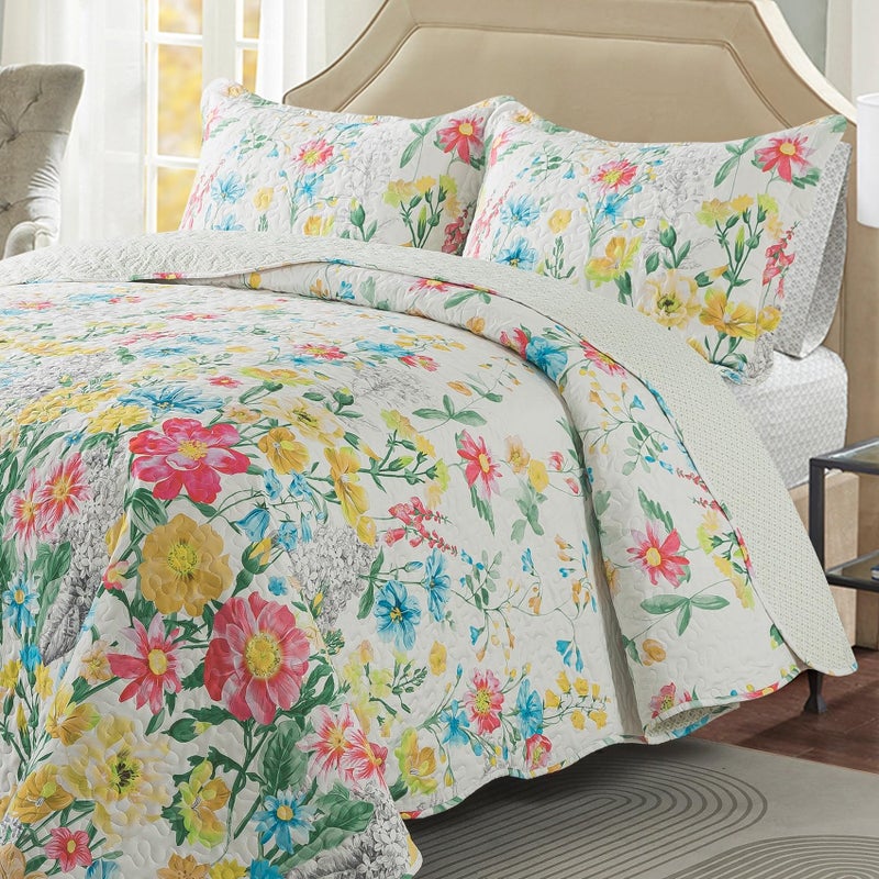 Travan Floral Quilt Queen Quilt Set, Ultra Soft Reversible Microfiber Queen Quilt Bedding Set with 1 Quilt Set and 2 Shams Yellow Flower Coverlet Set for All Season, Coreopsis-Yellow, King - Image 3