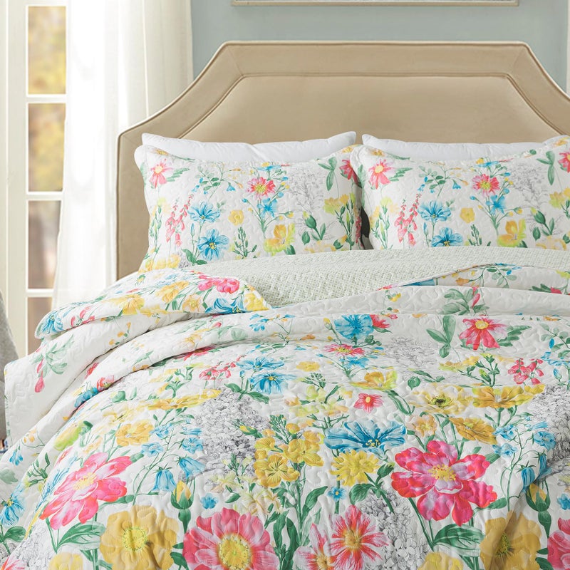 Travan Floral Quilt Queen Quilt Set, Ultra Soft Reversible Microfiber Queen Quilt Bedding Set with 1 Quilt Set and 2 Shams Yellow Flower Coverlet Set for All Season, Coreopsis-Yellow, King - Image 1